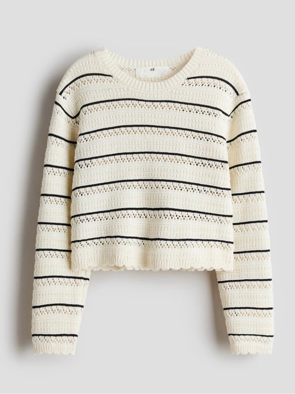H&M Cream Crewneck Sweater with Black Stripes POINTELLE-KNIT COTTON SWEATER